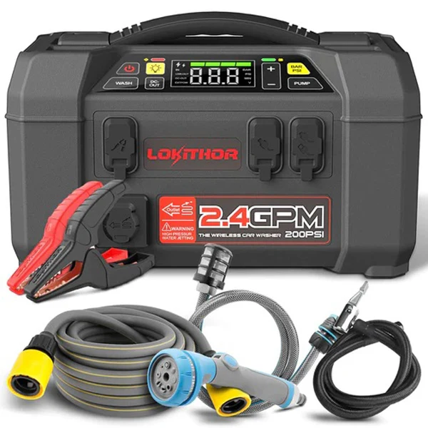 Lokithor AW401 Jump Starter with Car Washer, 1.5 MPA Cordless Portable Pressure Washer Kit, 150PSI Tire Inflator with Digital Screen, 2500 Peak Car Battery Booster for Up to 8.5L Gas or 6.5L Diesel